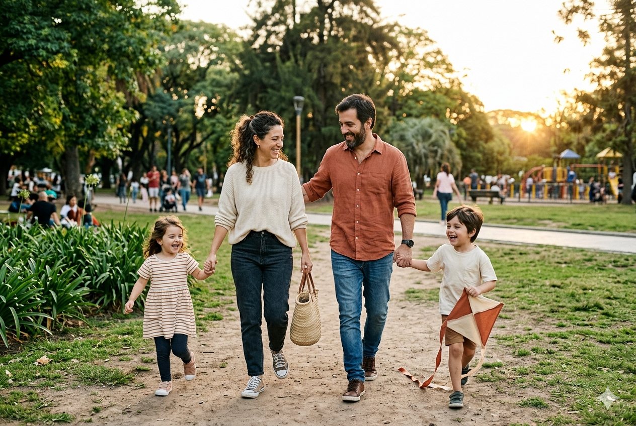 Pareja y sus hijos cubiertos y tranquilos